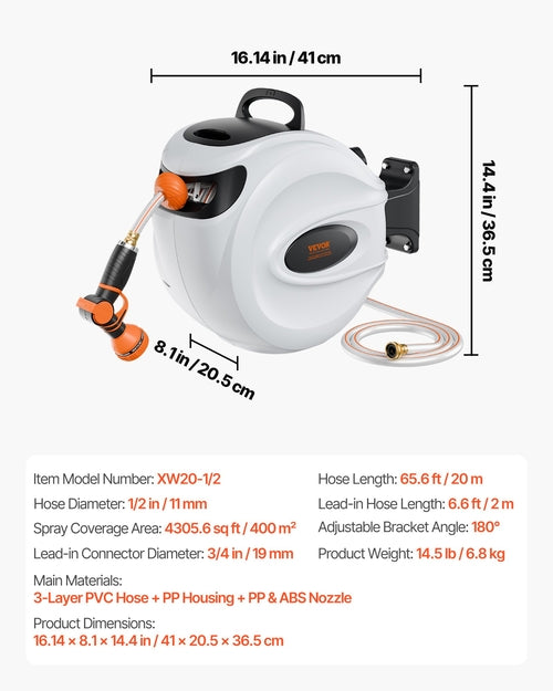 Retractable Hose Reel Water Hose Reel 20m x 1.3cm 180° Swivel